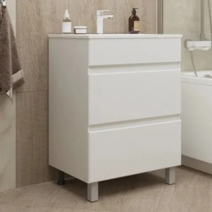 Тумба с раковиной Mixline Брикс 60 2 ящика, глянцевая белая, раковина Breeze 60, напольная, матовая