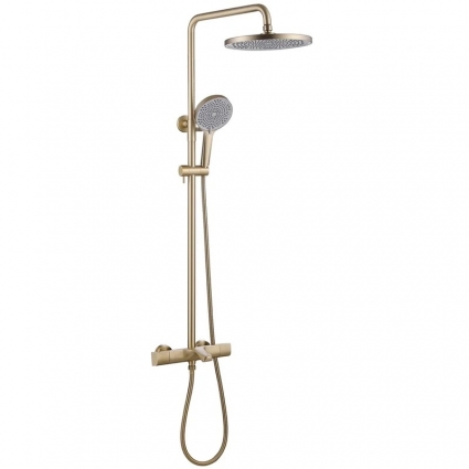 Душевая стойка Abber Thermostat AF8516GL матовое золото штанга 118 см, шланг металлический 150 см