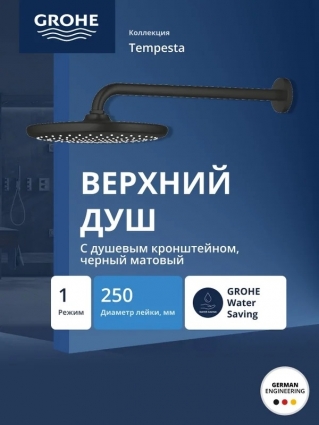 Верхний душ GROHE Tempesta 250 1jet с настенным душевым кронштейном 380 мм, матовый черный (266682430) в современном стиле