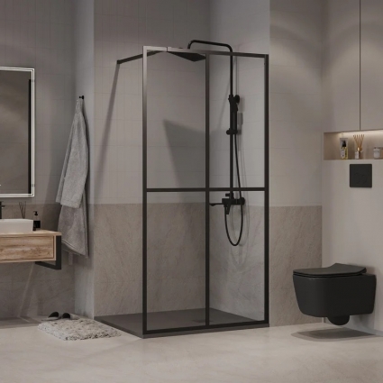 Душевая перегородка Niagara Nova NG-686-10BLACK 100х195, профиль матовый черный, стекло прозрачное с рисунком клетка в современном стиле