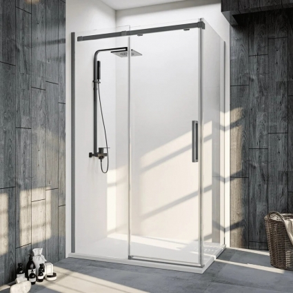 Душевой уголок Veconi Rovigo RV-070GR 160х90 см, профиль брашированный графит, стекло прозрачное, прямоугольный, двери раздвижные