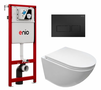 Комплект 3 в 1 инсталляция Enio Profi EN7050050 + Подвесной безободковый унитаз CeruttiSpa Sella aria CT7183 + кнопка чёрная матовая Linea