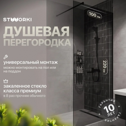 Душевая перегородка STWORKI Берген 100 см, профиль черный матовый, тонированое стекло в современном стиле