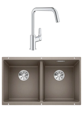 Комплект Мойка Blanco Subline 350/350-U серый беж + Смеситель Grohe Eurosmart 30567000 матовая, прямоугольная