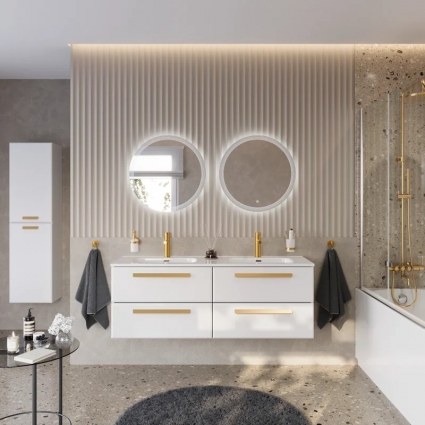 Мебель для ванной комнаты Cezares Eco Cer-N 140 4 ящика, bianco lucido, раковина Duet 140, двойная, ручки сатиновое золото, подвесная, глянцевая
