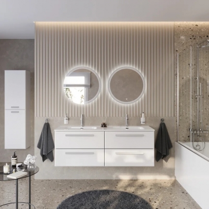 Мебель для ванной комнаты Cezares Eco Cer-N 140 4 ящика, bianco lucido, раковина Duet 140, двойная, ручки сатин, подвесная, глянцевая