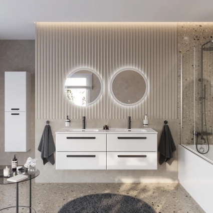 Мебель для ванной комнаты Cezares Eco Cer-N 140 4 ящика, bianco lucido, раковина Duet 140, двойная, ручки матовые черные, подвесная, глянцевая