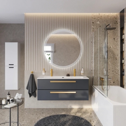 Мебель для ванной комнаты Cezares Eco Cer-N 120 grafito, раковина Eco 120-1-2, ручки сатиновое золото, подвесная, матовая