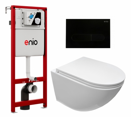 Комплект 3 в 1 инсталляция Enio Profi EN7050050 + Подвесной безободковый унитаз CeruttiSpa Sella aria CT7183 + кнопка черная матовая Stondato