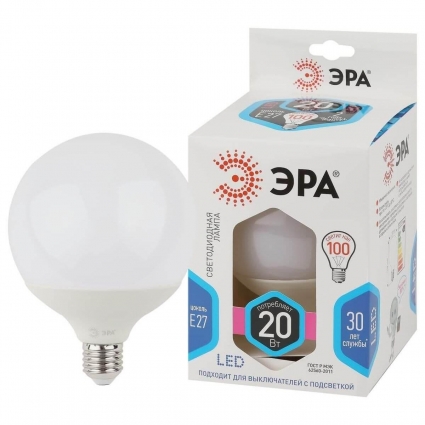 Лампа светодиодная ЭРА E27 20W 4000K матовая LED G120-20W-4000K-E27 Б0049081 цвет белый, мощность 6 Вт