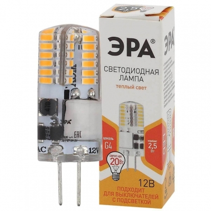 Лампа светодиодная ЭРА G4 2,5W 2700K прозрачная LED-JC-2,5W-12V-SLC-827-G4 Б0049089, цвет прозрачный, мощность 6 Вт