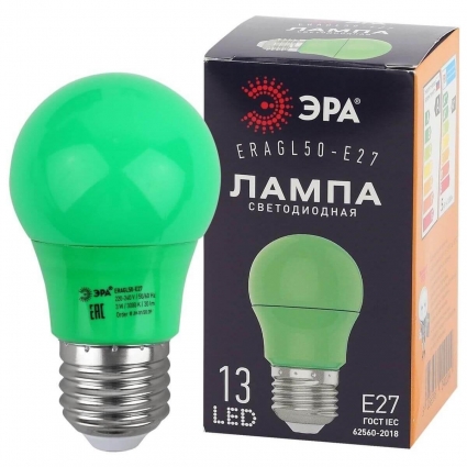 Лампа светодиодная ЭРА E27 3W 3000K зеленая ERAGL50-E27 Б0049579 цвет зеленый, мощность 6 Вт