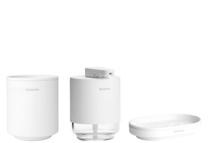 Набор Стакан Brabantia MindSet 303265 для зубных щеток, белый + Мыльница 303340 белая + Дозатор 303227 для жидкого мыла, белый, настольная