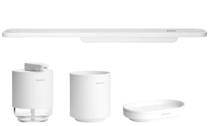Набор Стакан Brabantia MindSet 303265 для зубных щеток, белый + Мыльница 303340 белая + Дозатор 303227 для жидкого мыла, белый + Полотенцедержатель 303586 белый, настольная