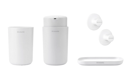 Набор Стакан Brabantia ReNew 280306 для зубных щеток, белый + Мыльница 280221 белая + Дозатор 280269 для жидкого мыла, белый + Крючок 280344 для полотенец, 2 шт, белый, настольная