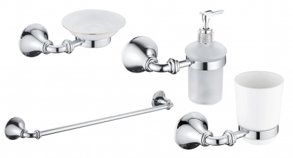 Набор Стакан Rose RG12 RG1212 хром + Мыльница RG1203 хром + Дозатор RG1244 хром + Полотенцедержатель RG1217 хром подвесная,  в современном стиле