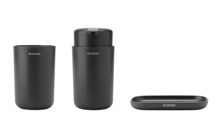 Набор Стакан Brabantia ReNew 280283 для зубных щеток, темно-серый + Мыльница 280207 темно-серая + Дозатор 280245 для жидкого мыла, темно-серый, настольная