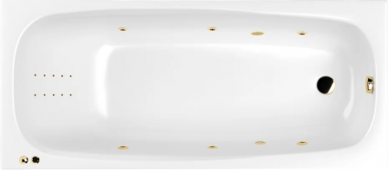 Акриловая ванна WHITECROSS Layla Slim Line Nano 170x75 см, встраиваемая, с гидромассажем, белая, с каркасом, со сливом-переливом, фурнитура золото, прямоугольная, объем 230 л.