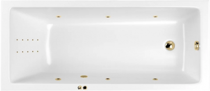 Акриловая ванна WHITECROSS Wave Line Nano 170x75 см, встраиваемая, с гидромассажем, белая, с каркасом, со сливом-переливом, фурнитура золото, прямоугольная, объем 250 л.