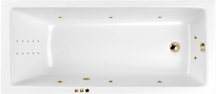 Акриловая ванна WHITECROSS Wave Slim Smart Nano 170x70 см, встраиваемая, с гидромассажем, белая, с каркасом, со сливом-переливом, фурнитура золото, прямоугольная, объем 210 л.