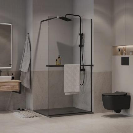 Душевая перегородка Niagara Nova NG-670-80ВLACK 80х195, профиль матовый черный, стекло прозрачное, с полкой в современном стиле
