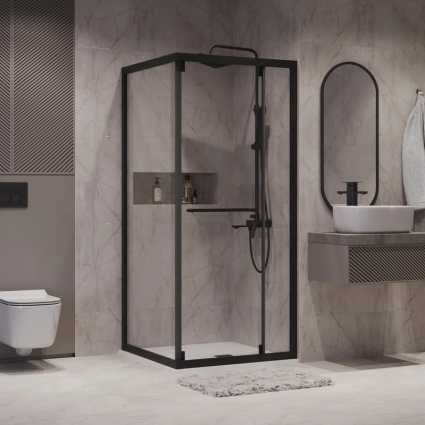 Душевой уголок Niagara Nova NG-6835-34BLACK 100x100, профиль черный матовый, стекло прозрачное, квадратный, двери раздвижные