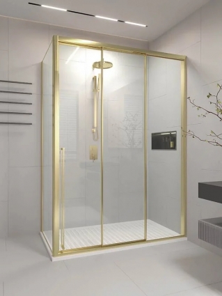 Душевой уголок Veconi Premium Prato 300 SP G-R 140х100, профиль брашированное золото, стекло прозрачное, прямоугольный, двери раздвижные