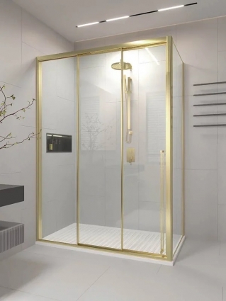 Душевой уголок Veconi Premium Prato 300 SP G-l 170х80, профиль брашированное золото, стекло прозрачное, прямоугольный, двери раздвижные