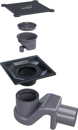 Душевой трап RGW Shower Drain SDR-13B 10x10, в пол, черный, с сифоном, выпуск боковой