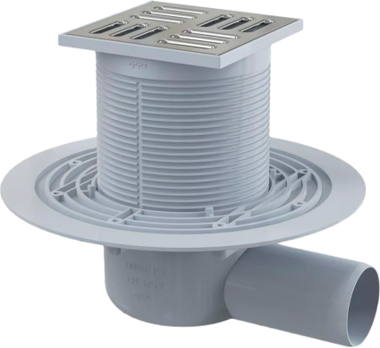 Душевой трап AlcaPlast APV 1321 10x10, в пол, с сухим затвором, хром, с сифоном, выпуск боковой