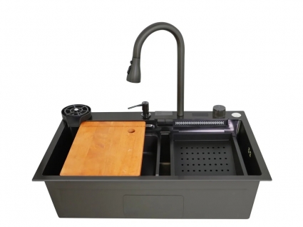 Многофункциональная мойка для кухни Stella Polar Оренсе KS754508 матовая черная рифленая, прямоугольная