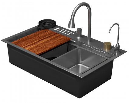 Многофункциональная мойка для кухни D&K 75х46, со смесителем, satin, брашированная, прямоугольная