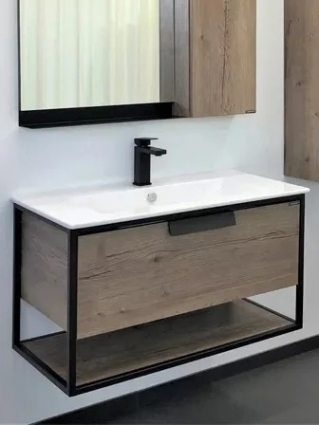 Тумба с раковиной Comforty Бонн 90 подвесная, темный дуб, с раковиной Quadro 90, матовая, с доводчиками