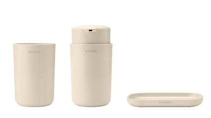 Набор Стакан Brabantia ReNew 223341 для зубных щеток, бежевый + Мыльница 223389 бежевая + Дозатор 223327 для жидкого мыла, бежевый, настольная
