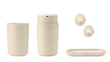 Набор Стакан Brabantia ReNew 223341 для зубных щеток, бежевый + Мыльница 223389 бежевая + Дозатор 223327 для жидкого мыла, бежевый + Крючок 223761 для полотенец, 2 шт, бежевый, настольная