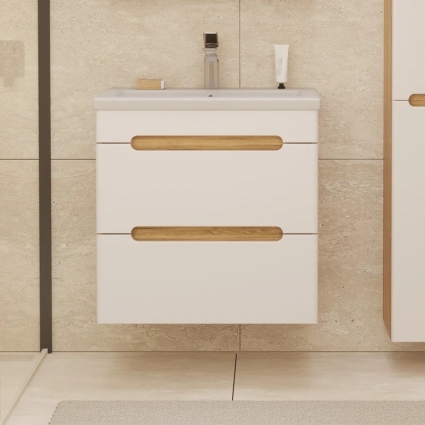 Тумба с раковиной Sanstar Diva 50 подвесная, матовая белая, дуб вотан, раковина Como 50, с ящиками, с доводчиками