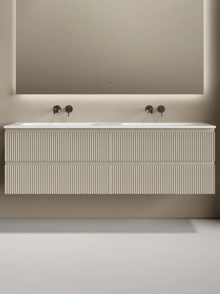 Тумба с раковиной Sancos Snob R 80 beige soft, 2 шт, раковина Ceramicanova Grace с двумя чашами без отверстий под смеситель,CN7023wx, подвесная, матовая