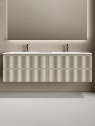 Тумба с раковиной Sancos Snob R 80 beige soft, 2 шт, раковина Ceramicanova Grace с двумя чашами и отверстиями под смеситель CN7023, подвесная, матовая