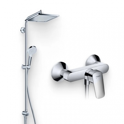 Душевой комплект Смеситель для душа Hansgrohe Logis + Стойка Crometta E 240 1jet Showerpipe Reno 27289000, EcoSmart, хром, штанга 11 см