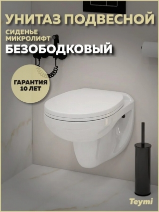 Унитаз подвесной Teymi Hanna T40900 безободковый, с микролифтом, глянцевый белый, 35x49 см