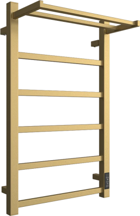 Полотенцесушитель электрический Двин Fj Plaza Neo 4657795054372 80x55 см, подключение справа, слева, матовое золото, лесенка, с полкой в современном стиле