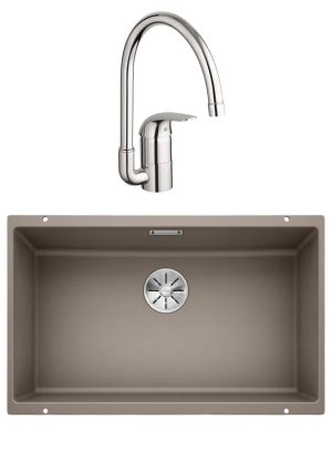Комплект Мойка Blanco Subline 700-U, серый беж + Смеситель Grohe Euroeco, матовая, прямоугольная