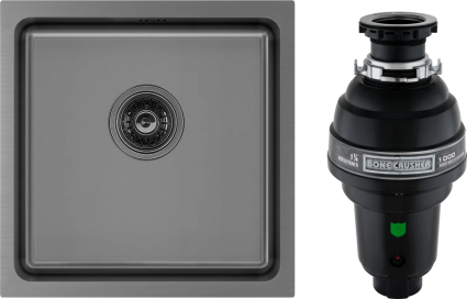 Комплект Мойка Paulmark Vista PM304444-GM, вороненая сталь + Измельчитель Bone Crusher BC 1000-AS, брашированная, квадратная
