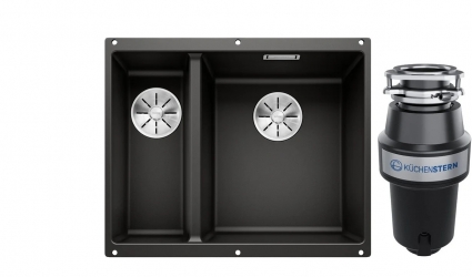 Комплект Мойка Blanco Subline 340/160-U, черная, правая + Измельчитель KUCHENSTERN Muhle, матовая, прямоугольная