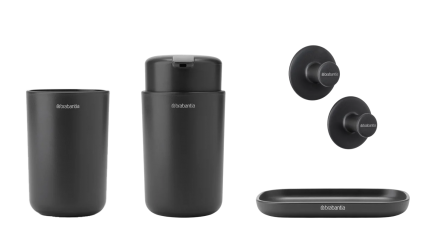 Набор Стакан Brabantia ReNew 280283 для зубных щеток, темно-серый + Мыльница 280207 темно-серая + Дозатор 280245 для жидкого мыла, темно-серый + Крючок 280320 для полотенец, темно-серый, настольная