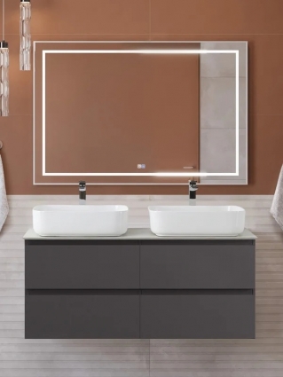 Мебель для ванной комнаты BelBagno Kraft 120 подвесная, матовая темно-серая, столешница kep-120-2-cem, раковина BB1304, для двоих, с ящиками