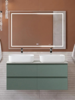 Мебель для ванной комнаты BelBagno Kraft 120 подвесная, матовая еловая, столешница kep-120-2-cem, раковина BB1304, для двоих, с ящиками