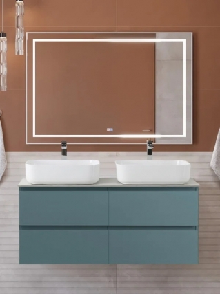 Мебель для ванной комнаты BelBagno Kraft 120 подвесная, матовая голубая, столешница kep-120-2-cem, раковина BB1304, для двоих, с ящиками