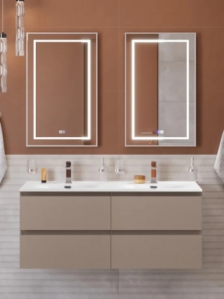 Мебель для ванной комнаты BelBagno Kraft 120 подвесная, матовая бежевая, раковина bb-8099-120-2, для двоих, с ящиками