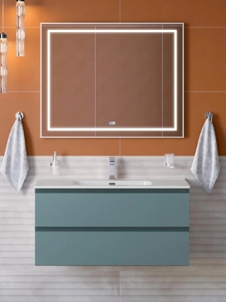 Мебель для ванной комнаты BelBagno Kraft 100 подвесная, матовая голубая, раковина bb1000etl, с ящиками